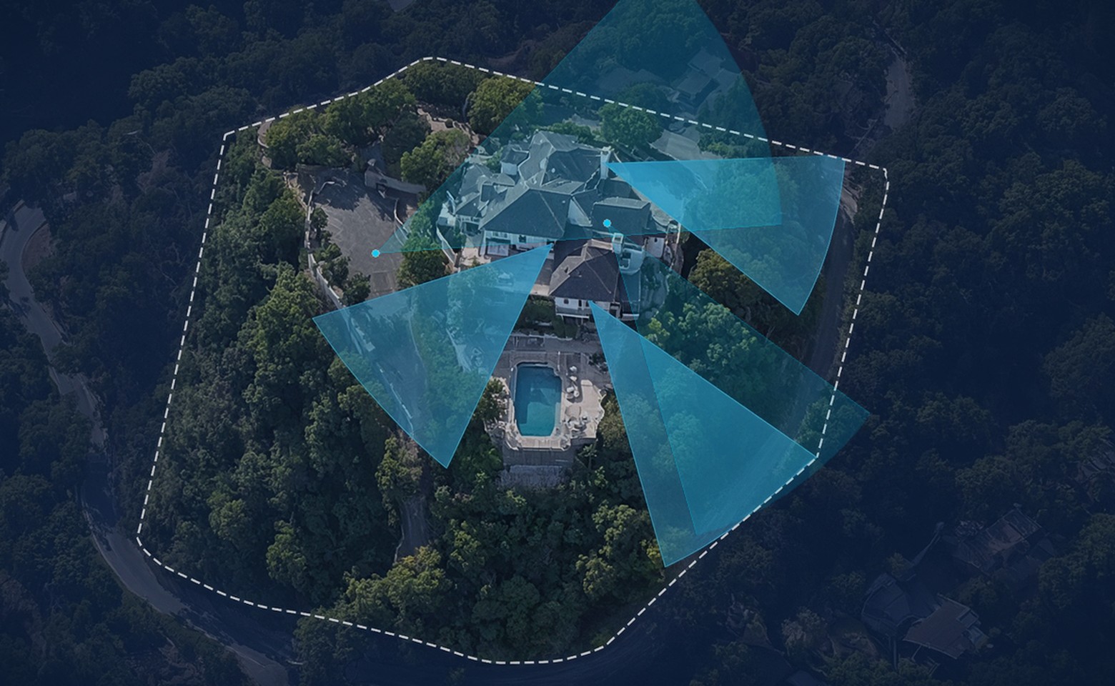 Aerial view of a property with camera coverage overlay